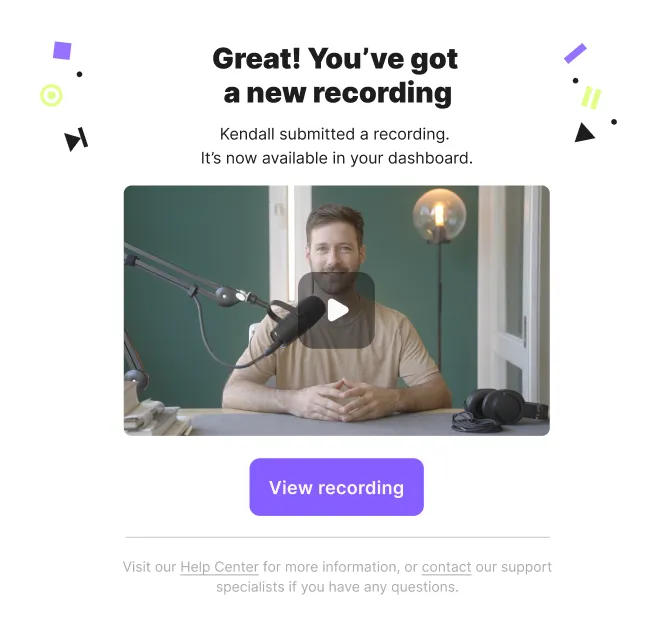 Notification screen showing a man speaking into a microphone with text announcing a new recording by Kendall available on the dashboard and a purple button labeled View recording.